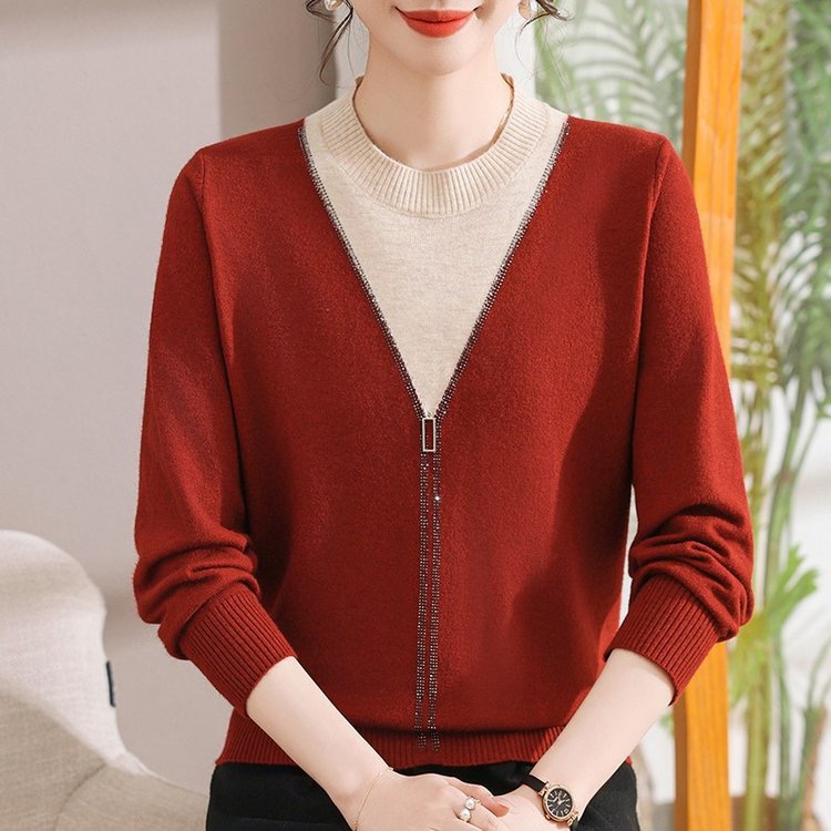  妈妈装假两件针织衫中老年女装春秋季新款毛衣洋气质高贵上衣