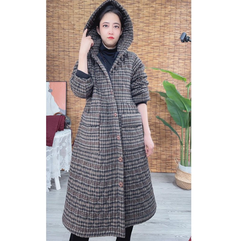 冬季棉服加厚加棉加绒休闲格子外套宽松开衫大码中长款棉衣