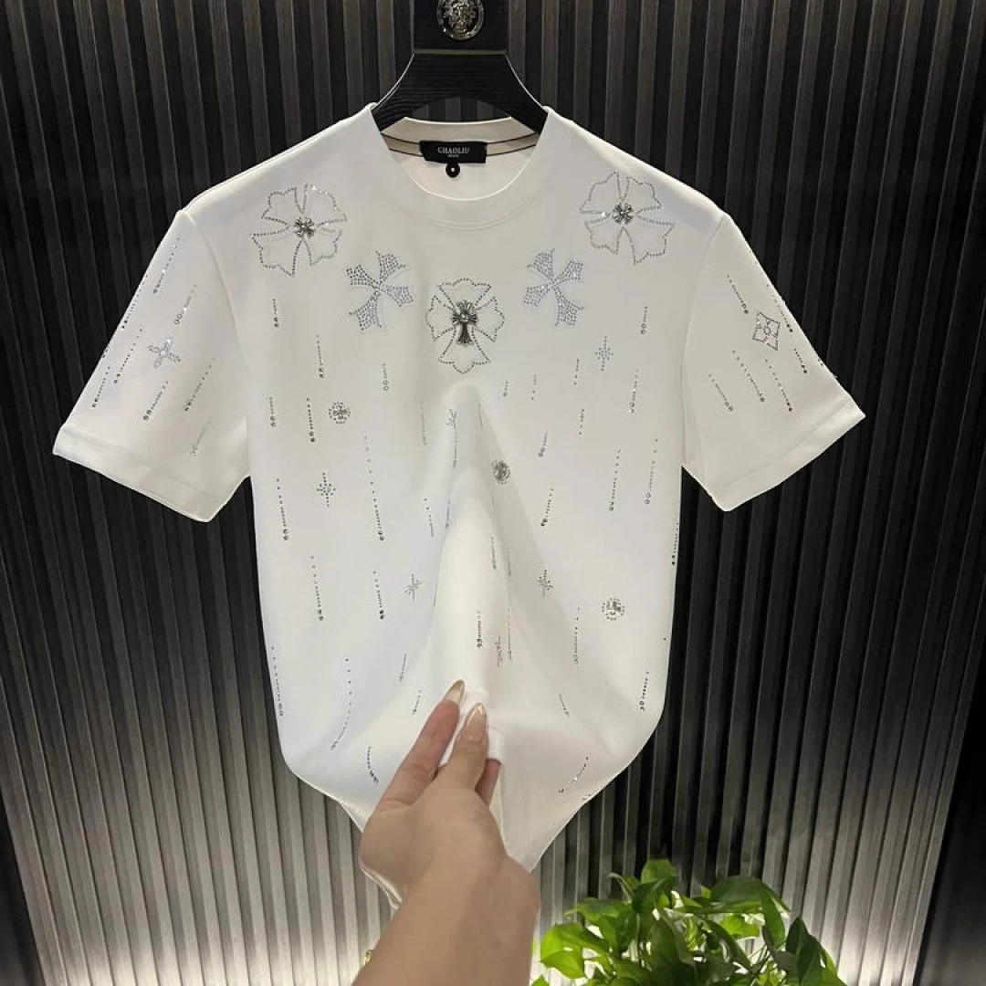 时尚轻奢潮流百搭男士秋冬新款圆领短袖上衣潮流百搭烫钻设计感T