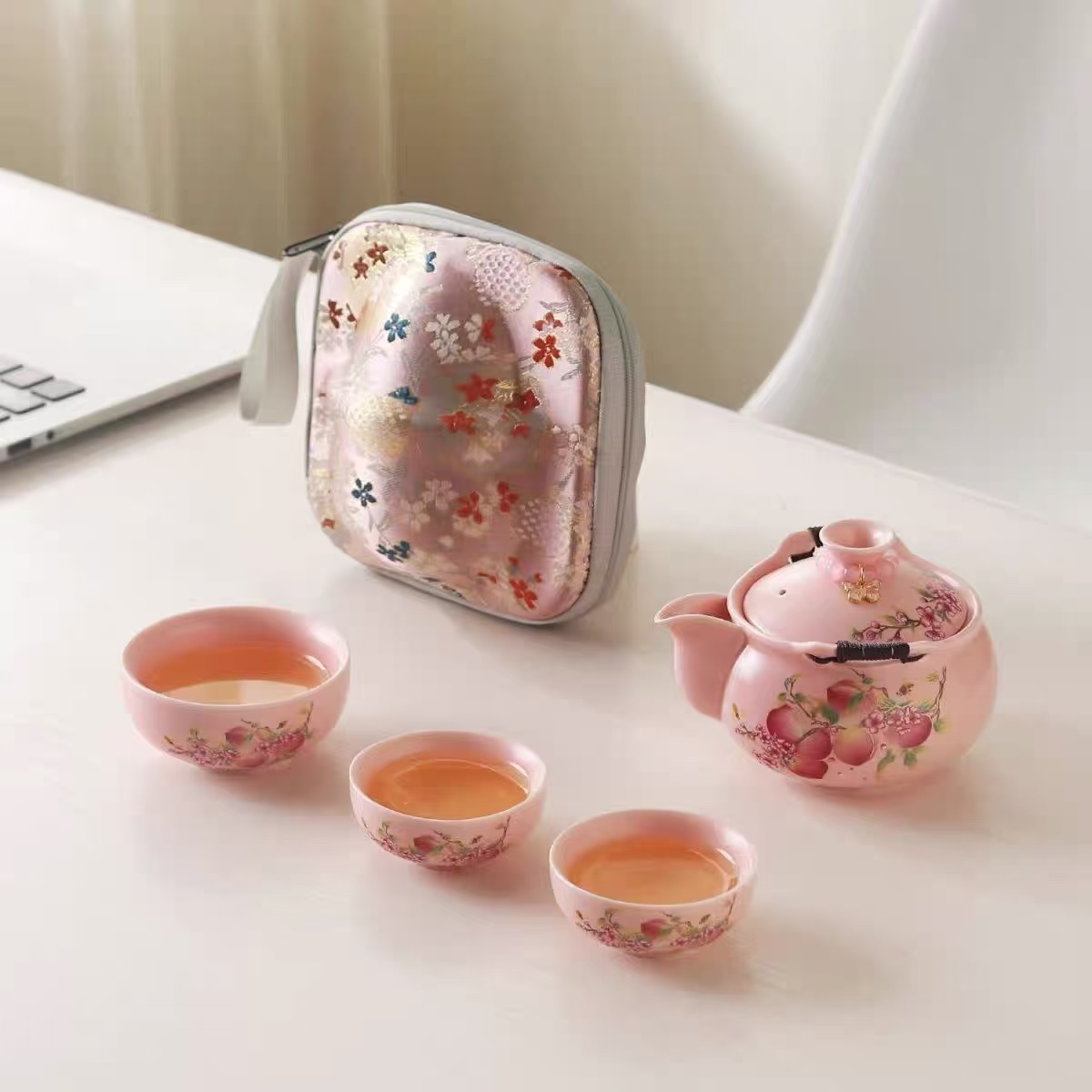 蜜桃粉汝中式家用旅行茶具