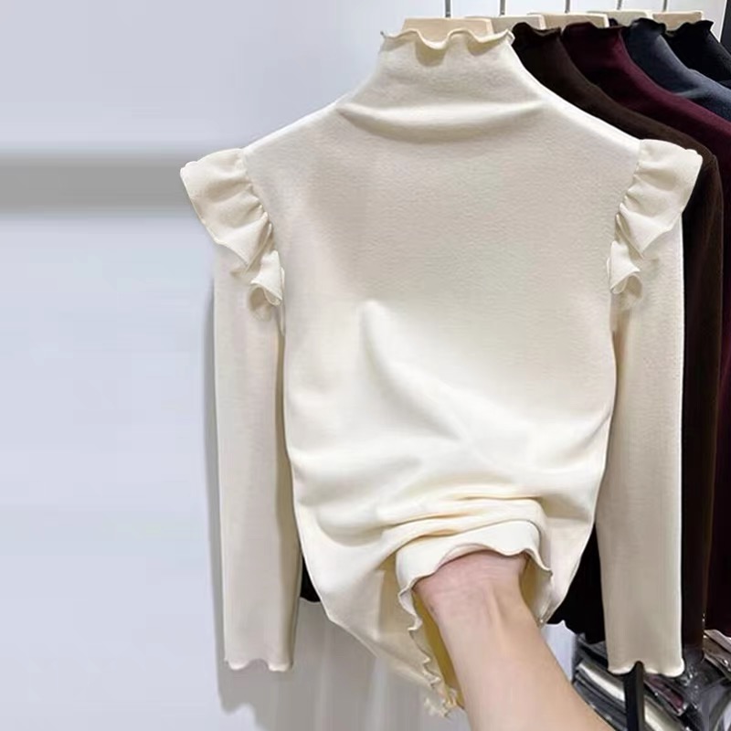 女童木耳边飞飞袖T恤德绒洋气半高领白色打底衫内搭加绒秋冬上衣
