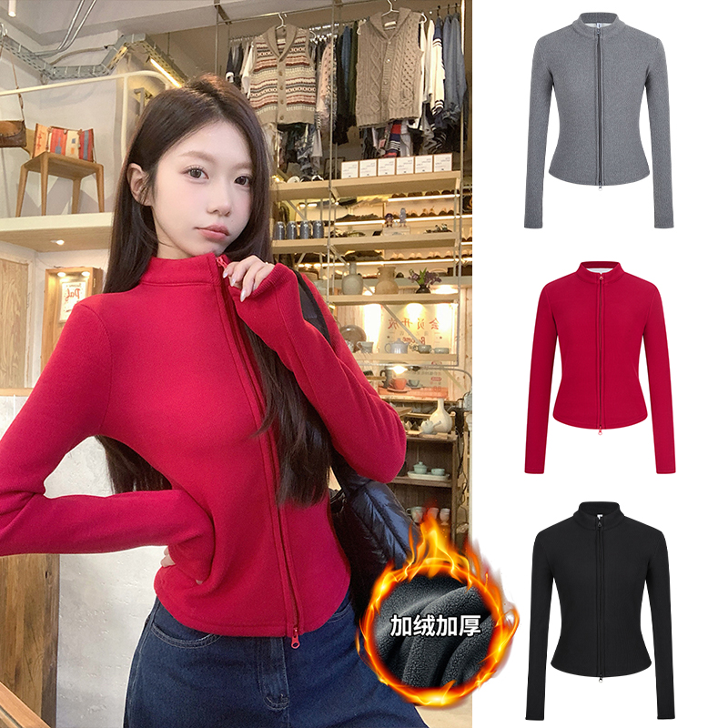 Moses Queen/魔西女王加绒加厚保暖双拉链立领开衫女纯色外穿上衣