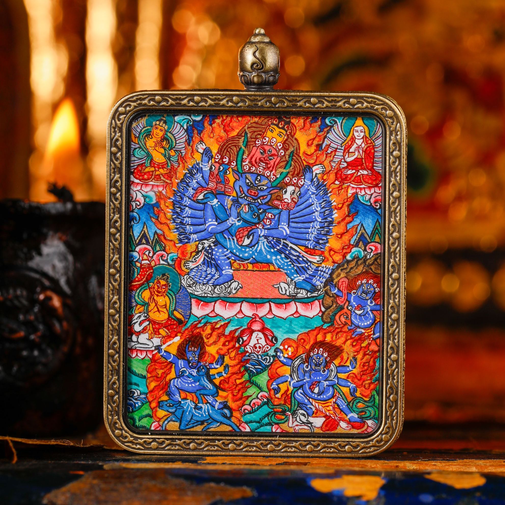 【雪堆白官选】大威德金刚吊坠  纯手工绘制唐卡  多样性发货发其一