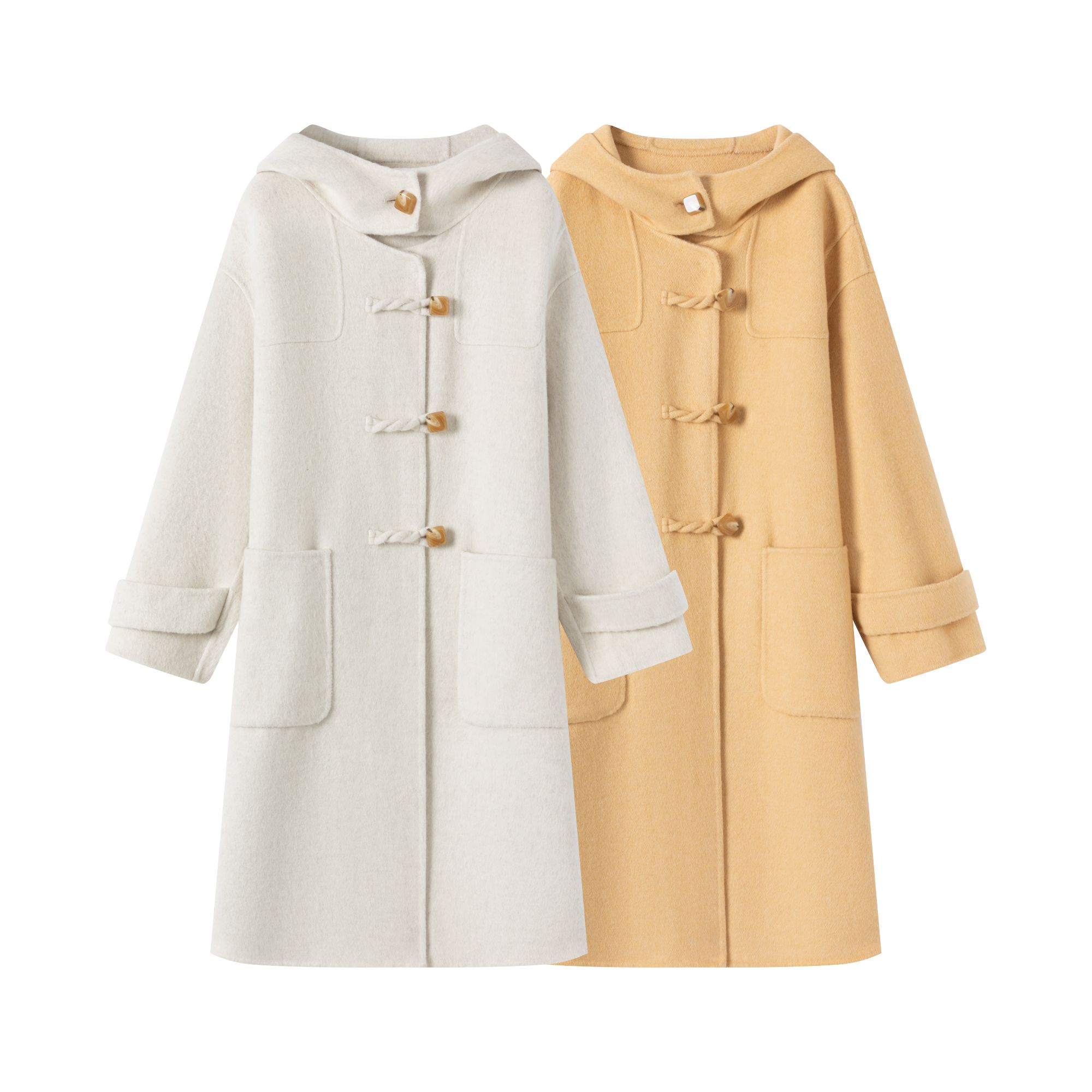 冬季纯色连帽羊毛大衣 外套羊角扣大衣宽松少女风