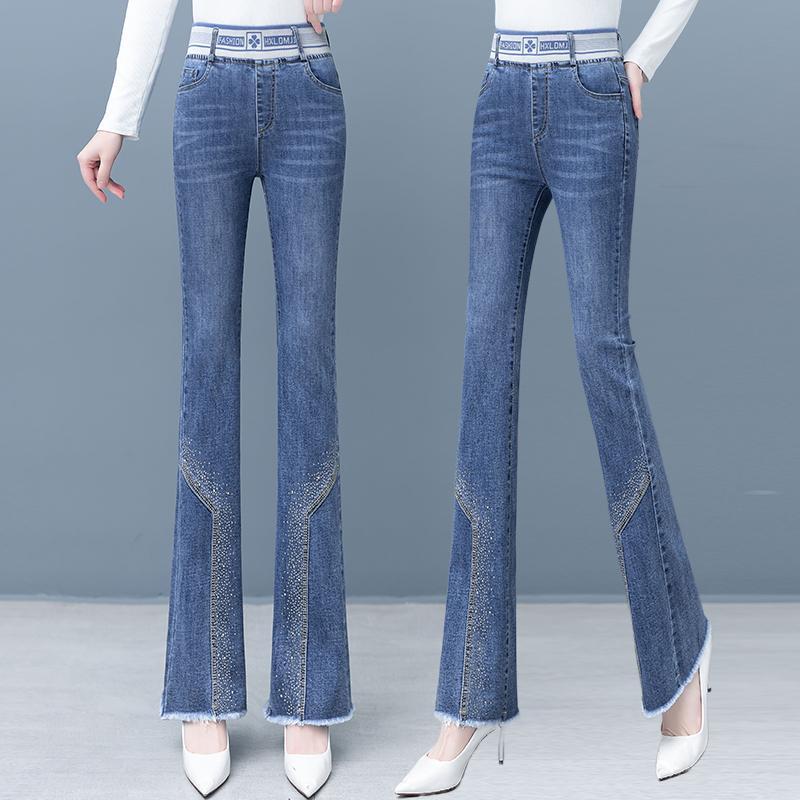 弹力微喇牛仔裤女松紧高腰修身显瘦2025年新款春秋时尚毛边喇叭裤