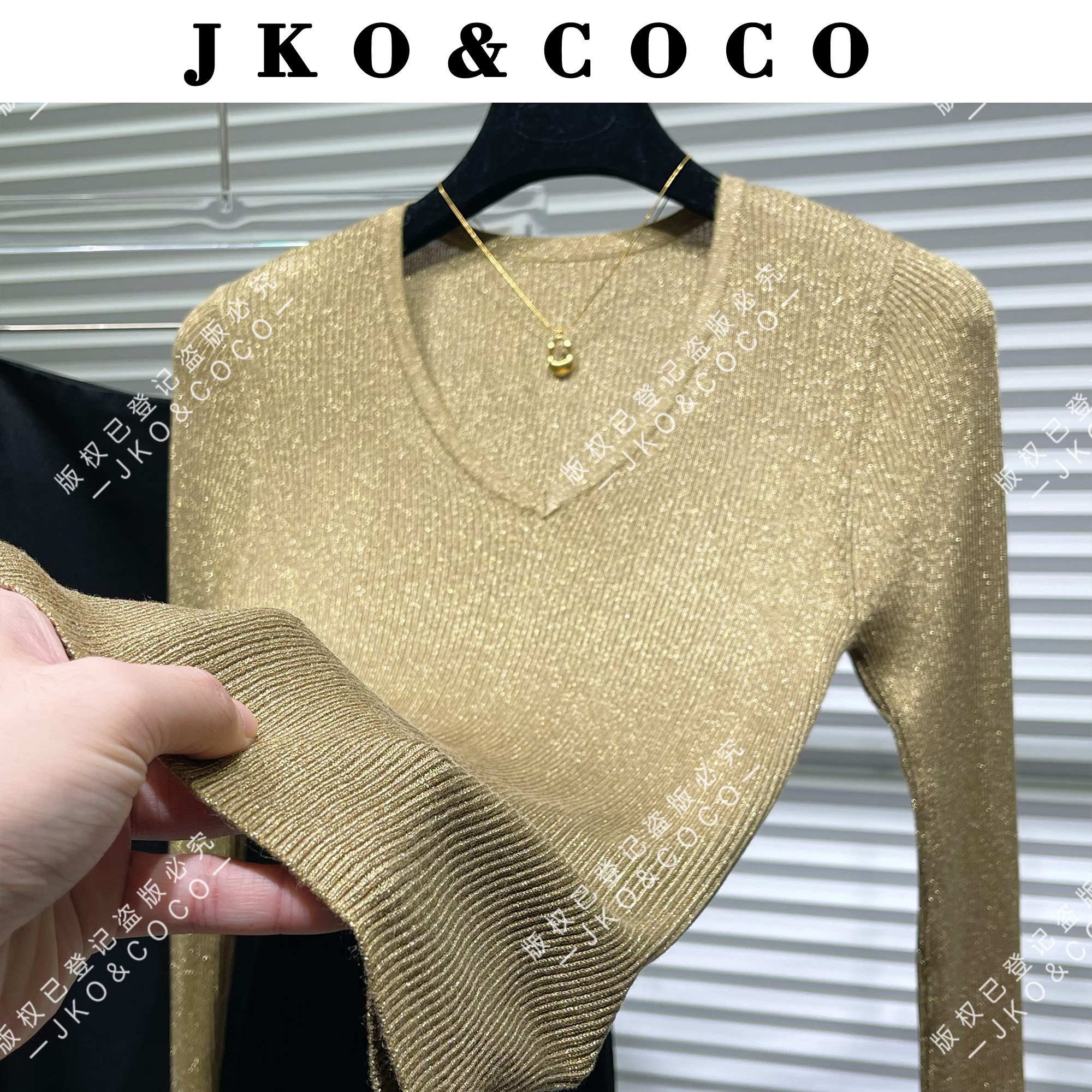 JKO&COCO【恋人】早秋气质百搭进口水晶纱 修身显瘦 V领 针织衫