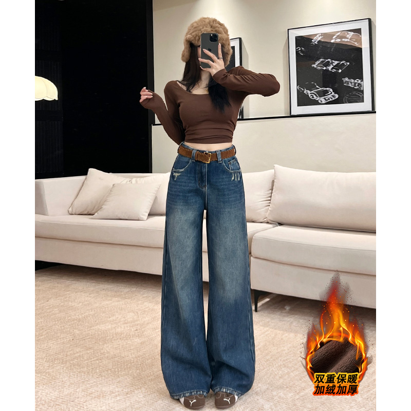 乔栈加绒美式复古磨破设计阔腿牛仔裤女秋冬高腰小个子百搭直筒裤
