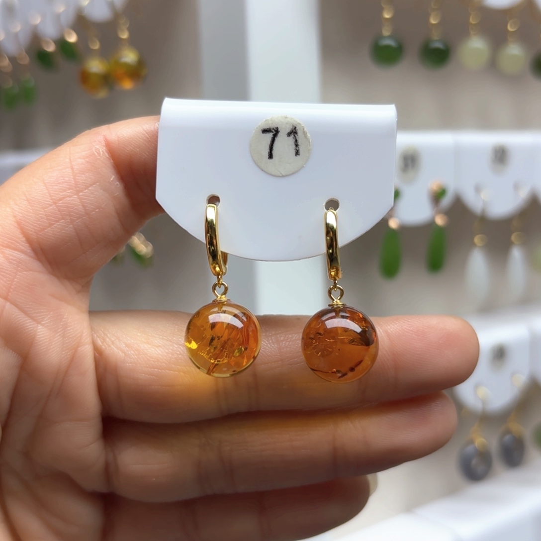 琥珀（花珀）耳饰银S925镶嵌花珀