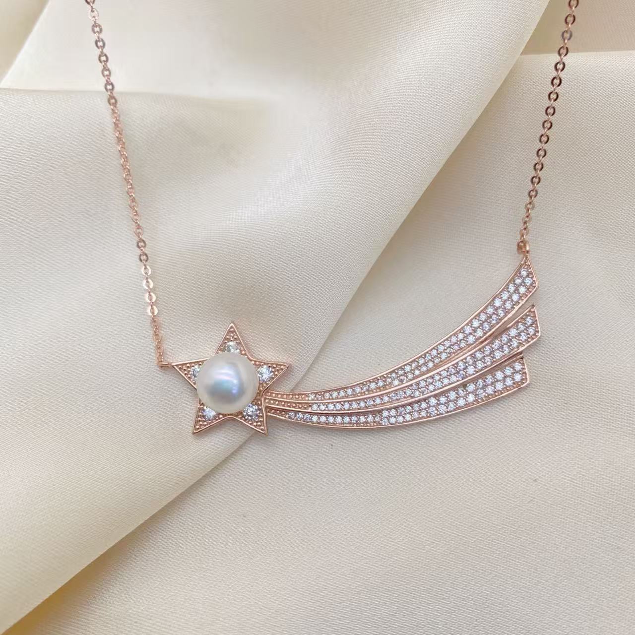 LH008【s925银流星雨珍珠项链】气质轻奢时尚百搭灵动镶嵌满钻坠链