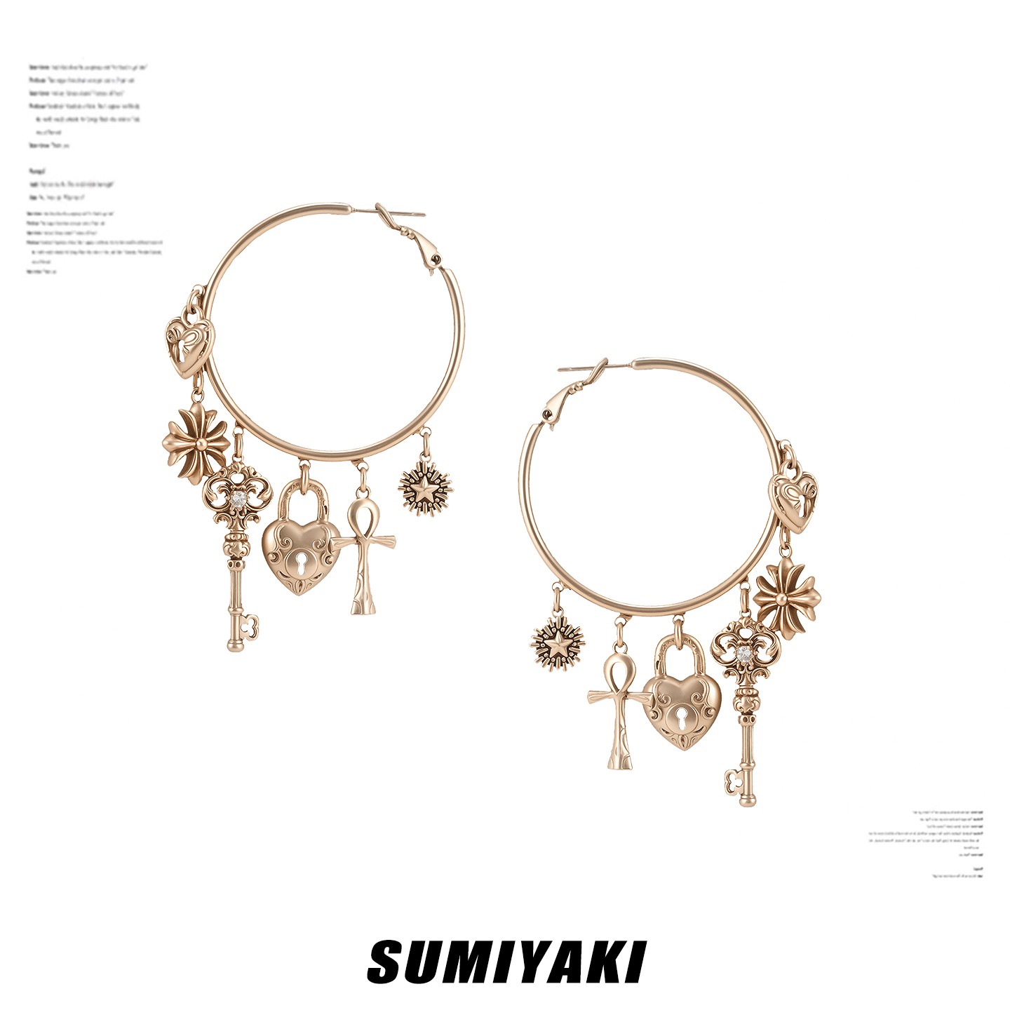 铜合金合成锆石耳饰 SUMIYAKI 秋冬美式复古风钥匙爱心显瘦大耳圈