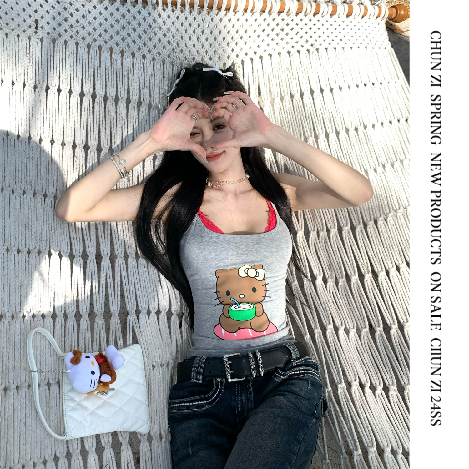 【CHUN ZI】25春夏 辣妹滑板黑皮kitty夏日少女吊带背心
