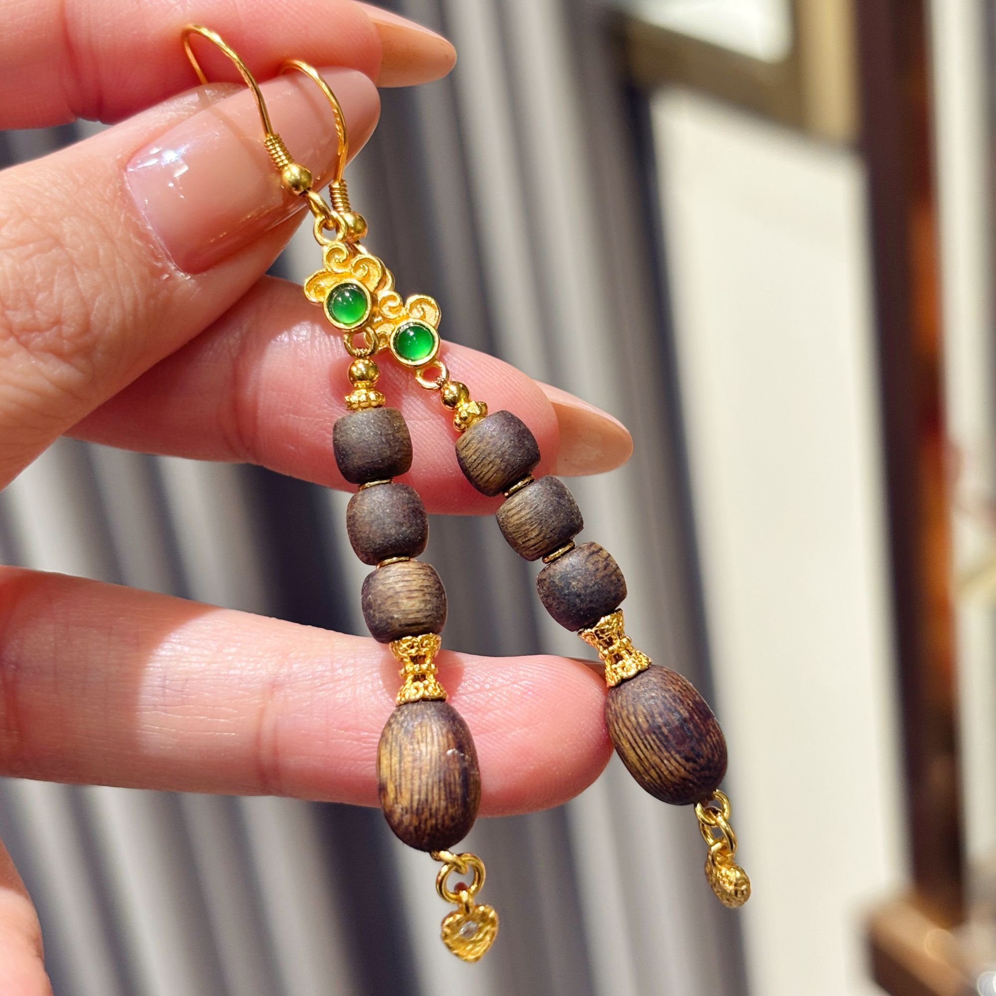 沉香VISING珠宝沉香木天然翡翠耳环耳坠耳饰