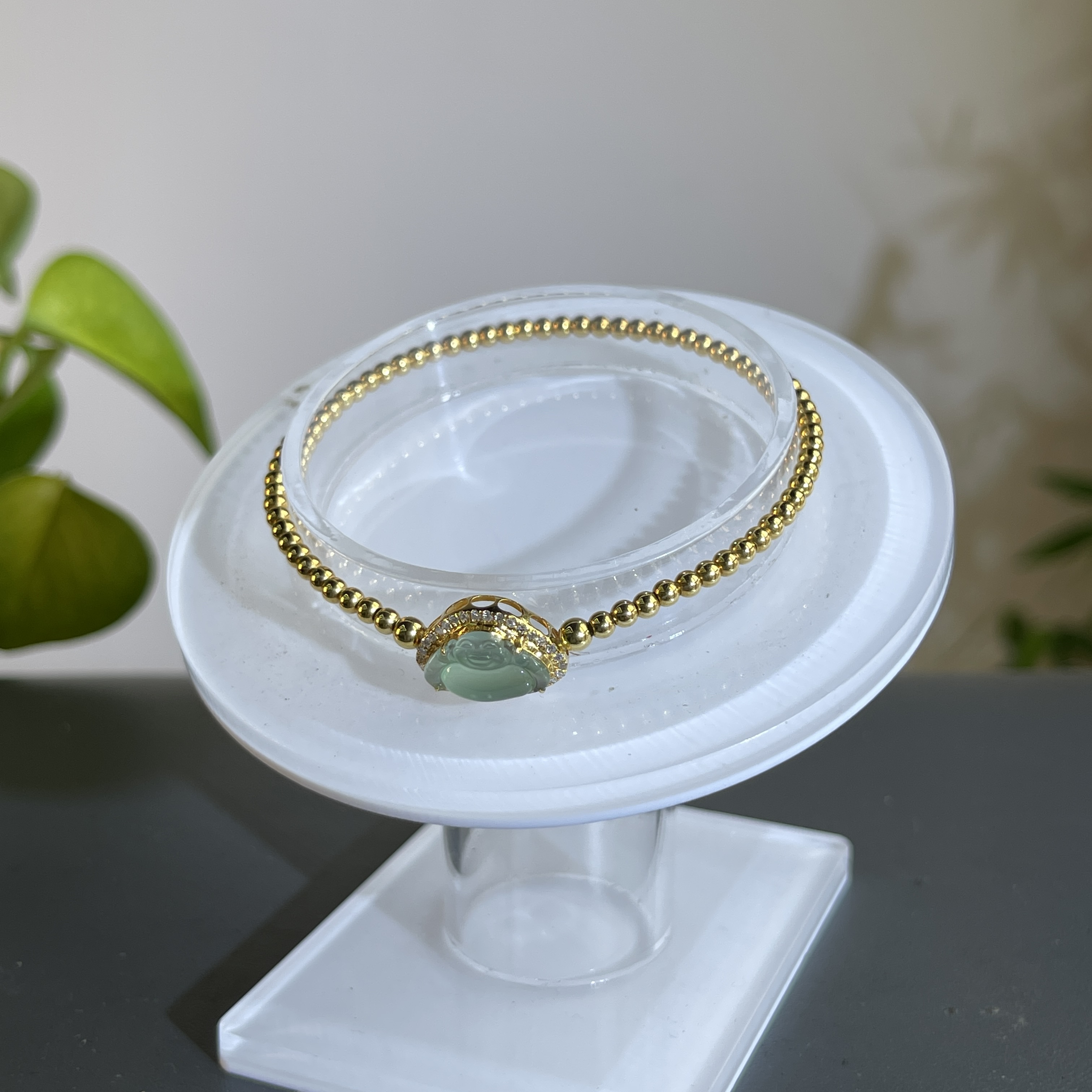 JTB20-147   天然缅甸A货翡翠   18K含钻镶嵌佛公手链