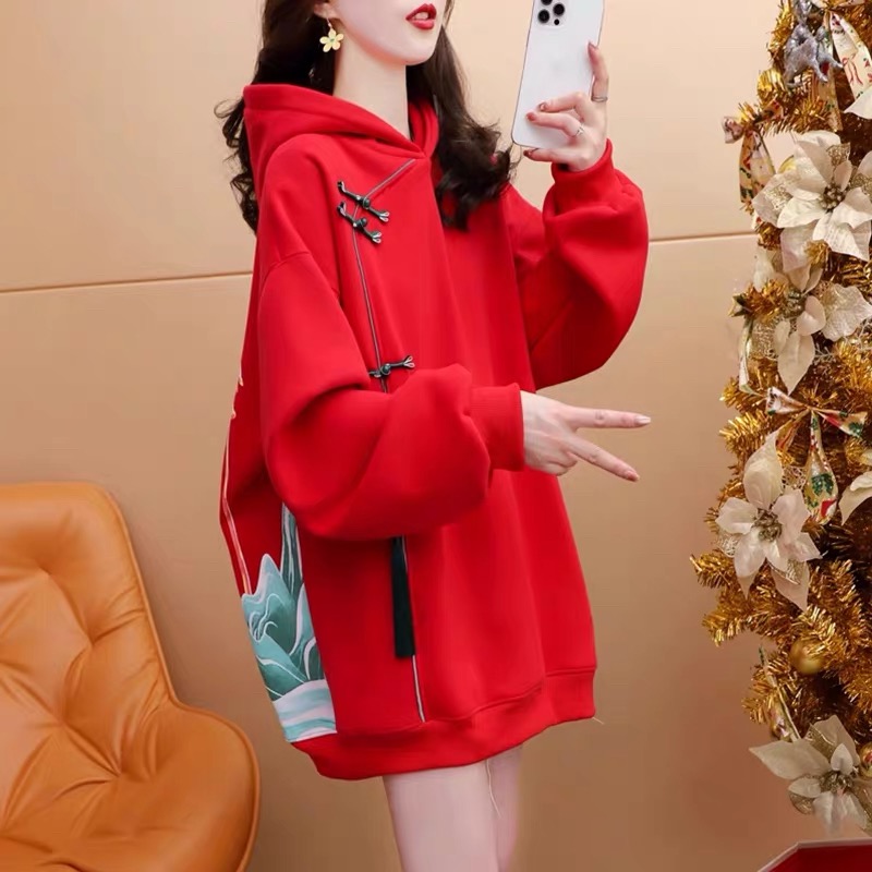 W0220卫衣加绒长袖国风连帽红色字母上衣印花卫衣套头秋冬宽松