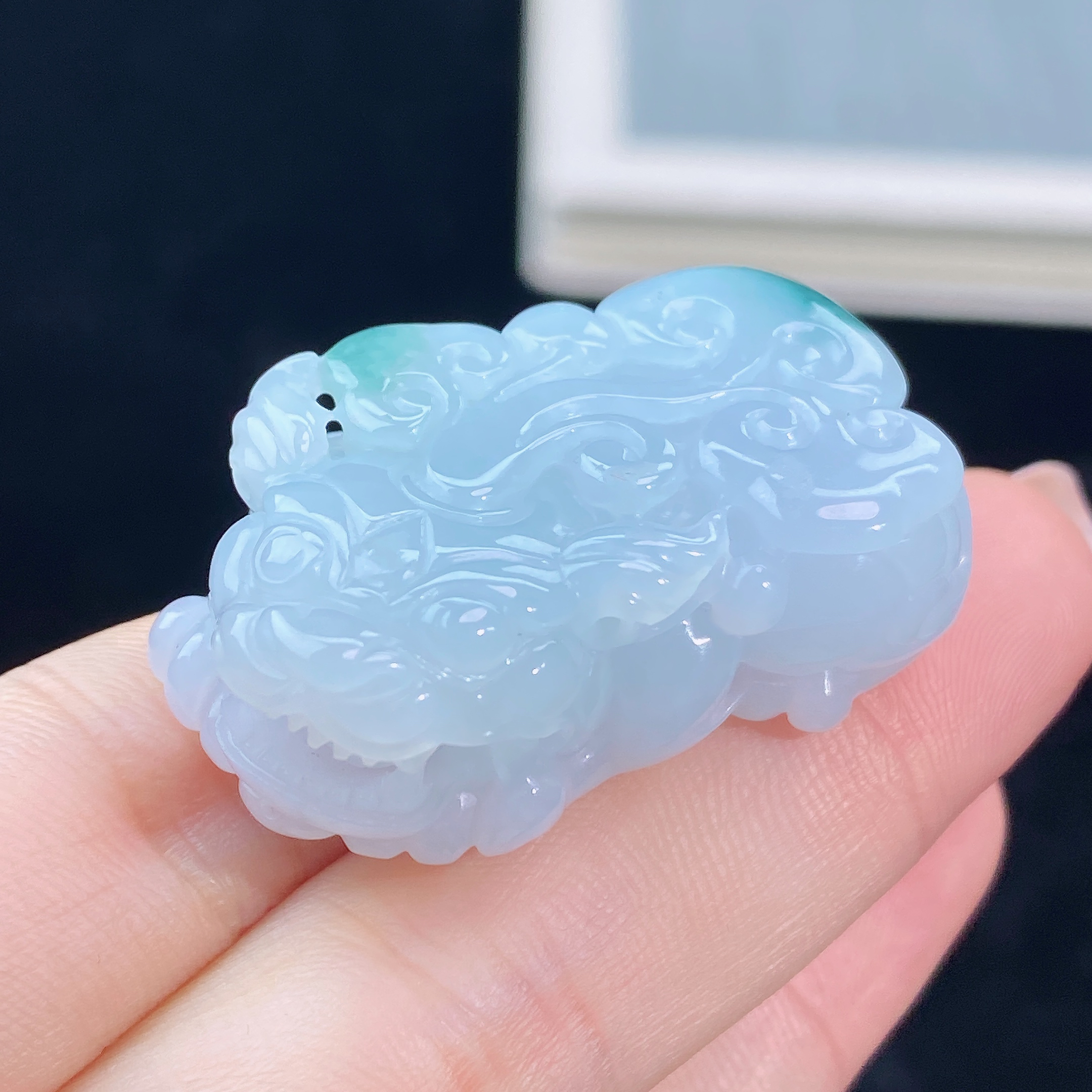 保a保真天然缅甸A货翡翠冰润飘花口含珠如意貔貅吊坠36-22-12.5mm