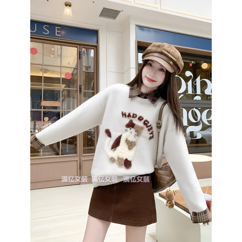 秋冬新款韩版小香风设计感假两件针织衫打底衫毛衣半身裙显瘦套装