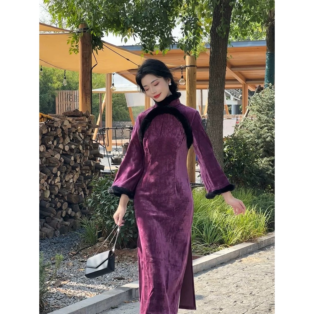 特价！紫色高级改良旗袍加厚新中式中国风长袖年轻连衣裙女冬款