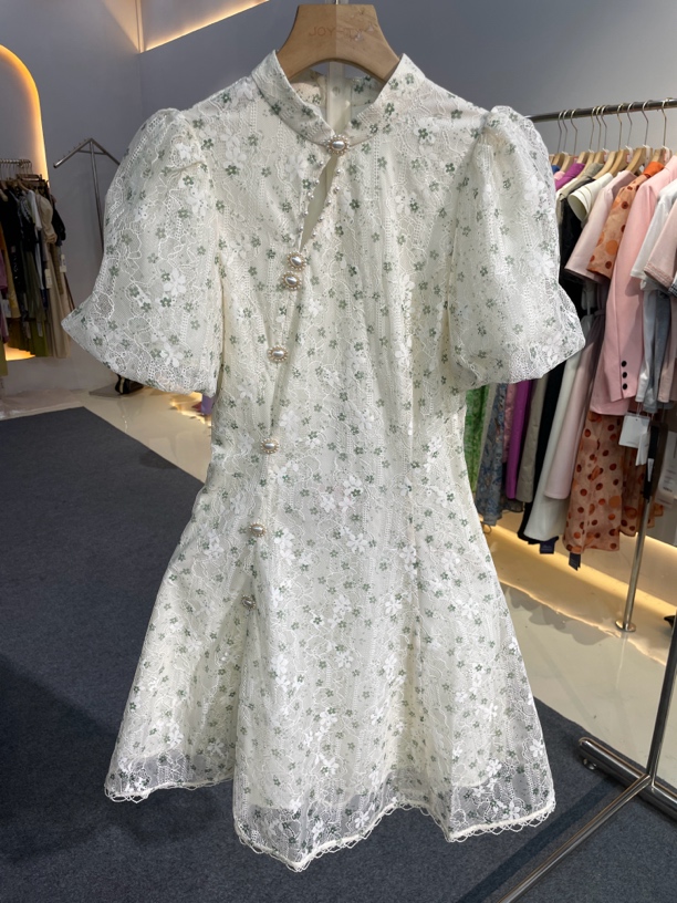 S-XL夏季新款蕾丝刺绣旗袍泡泡袖连衣裙SH75