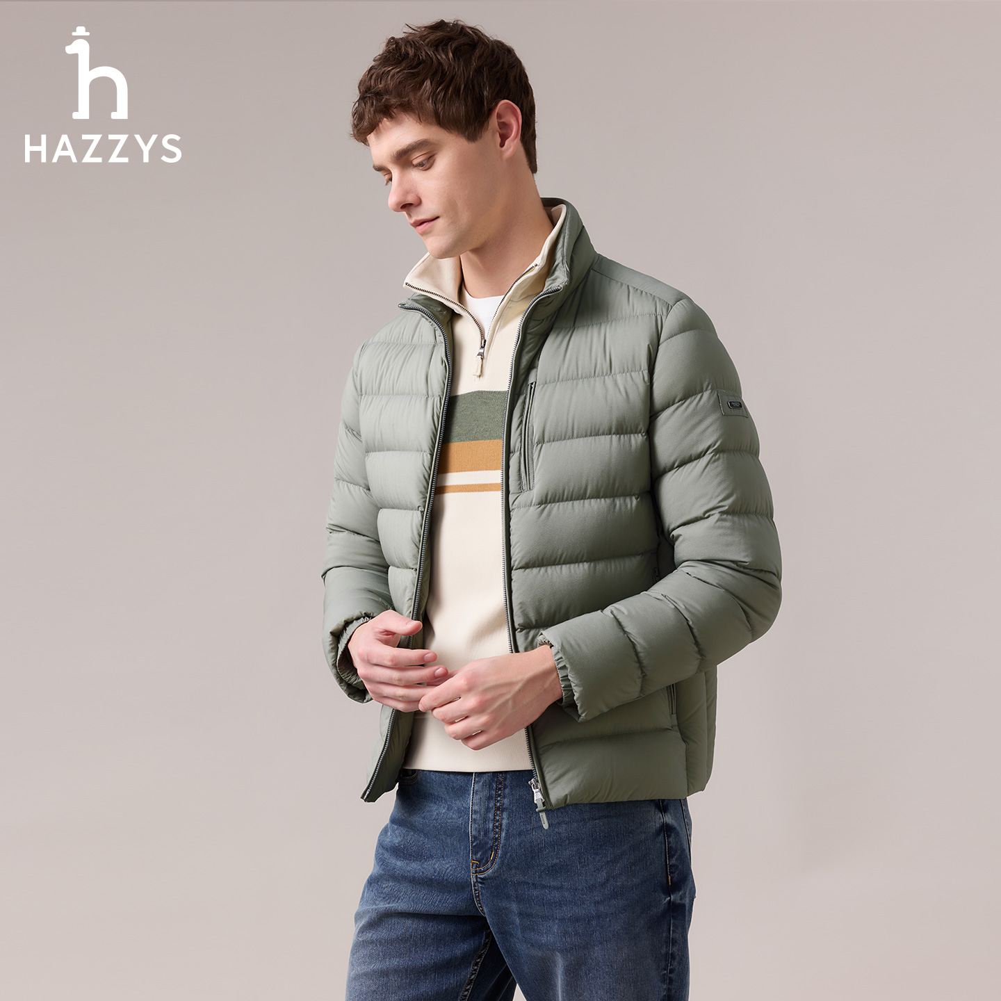 【商场同款】HAZZYS哈吉斯秋冬季男士短款鹅绒羽绒服轻薄款保暖外套