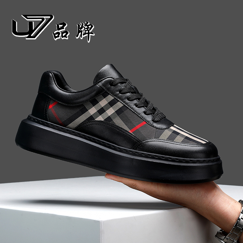 U7品牌男鞋 头层牛皮+条纹布 时尚百搭耐磨舒适潮男高端休闲板鞋