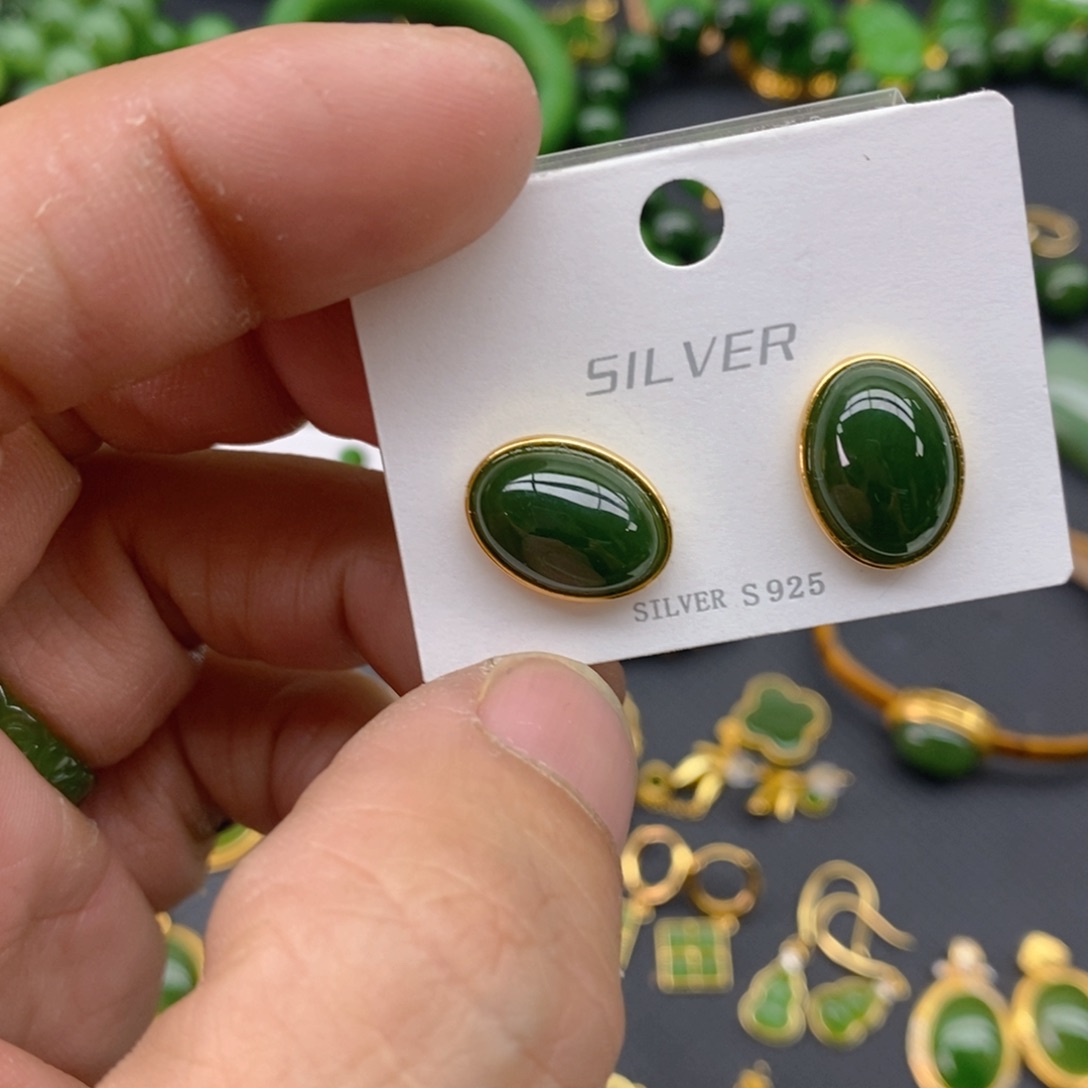 和田玉（碧玉）戒指银S925镀金镶嵌