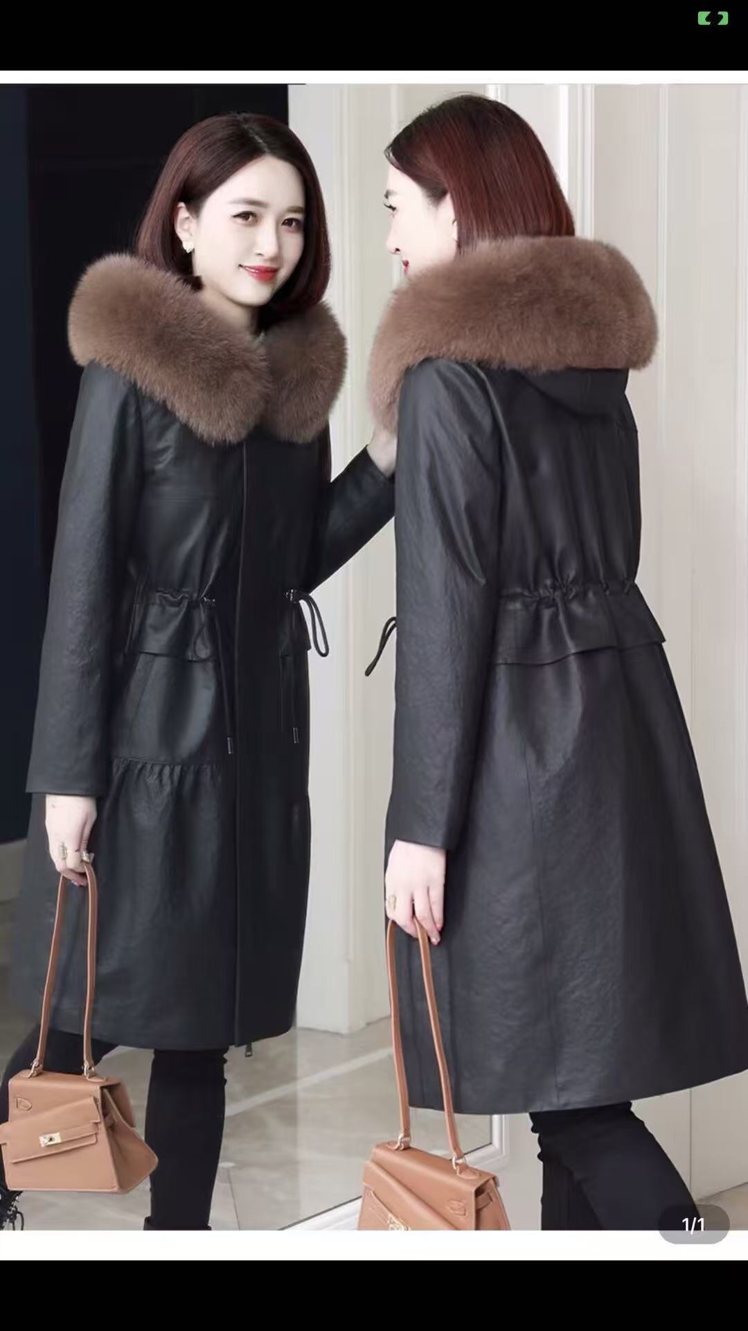 宽松型长款中长款抽褶连帽皮衣大衣女士领加厚保暖秋冬狐狸毛领