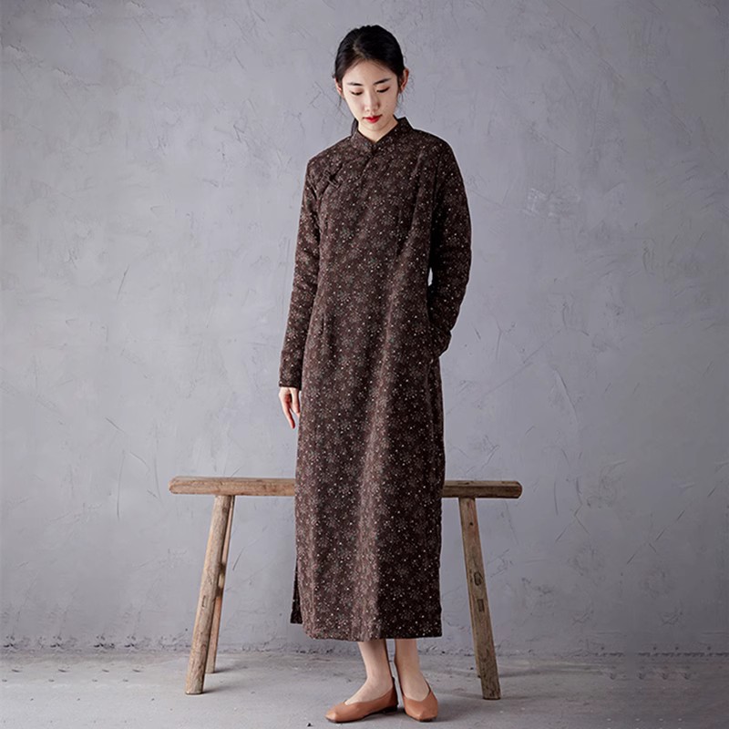 冬旗袍超厚夹棉黑色长袖中式立领碎花长款品牌显瘦女棉服开襟复古