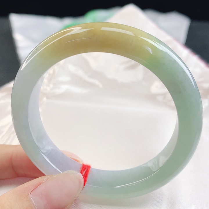翡翠未镶嵌手镯缅甸50.8飘黄翡三彩正圈
