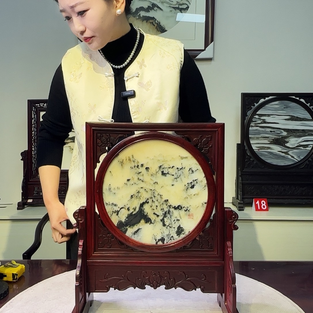 砚***顶石材天然大理石画屏风30×35