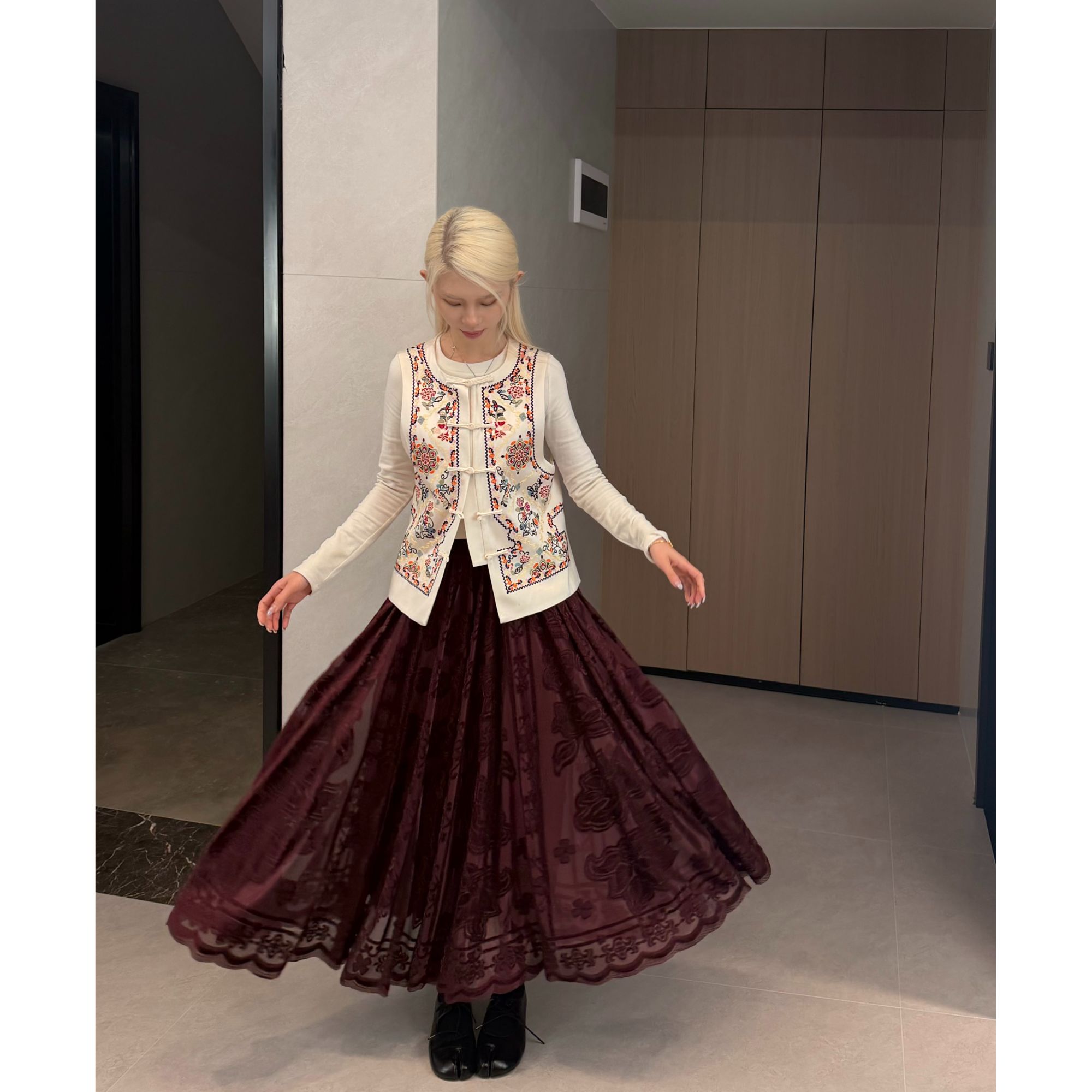 长裙O型纯色植物花卉A字裙半身裙显瘦裙子中国风