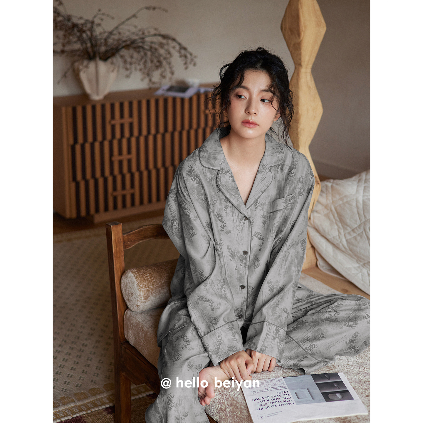 hello beiyan_花园梦境 新中式国风睡衣女春秋季莫代尔棉长袖套装