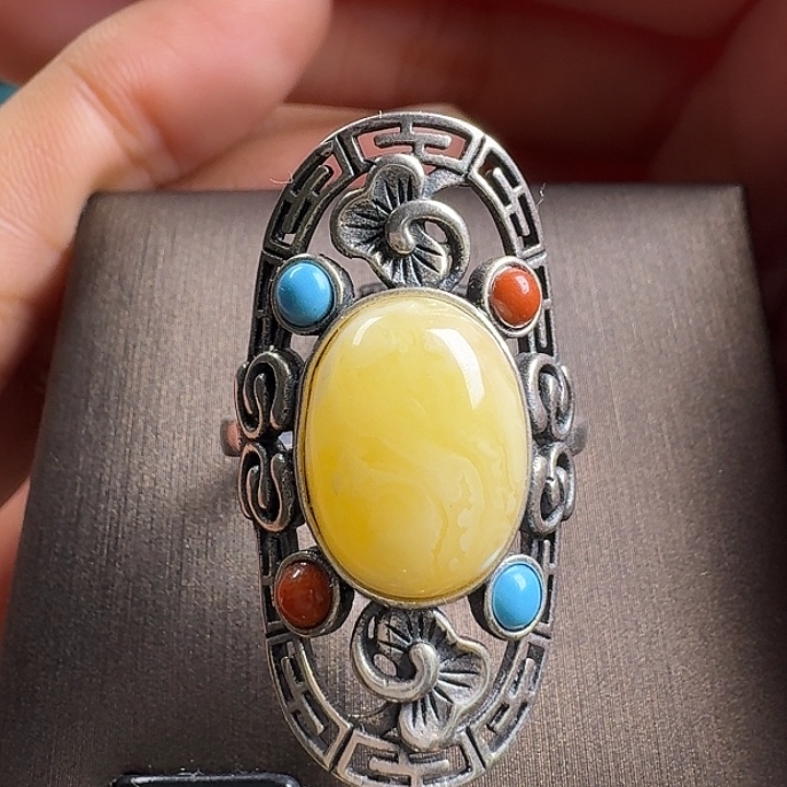 蜜蜡银S925镶嵌戒指戒指