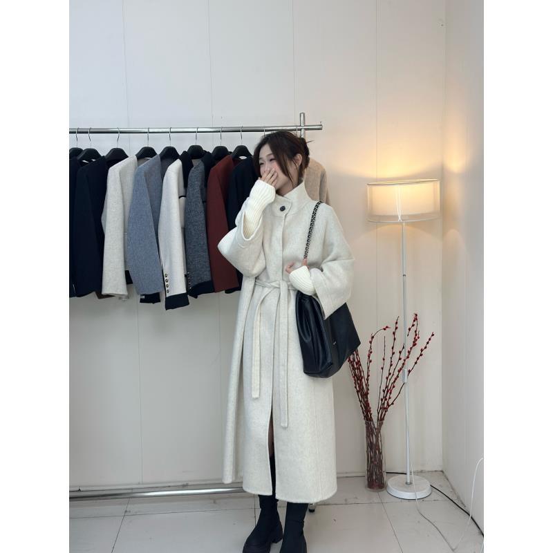 8805长款针织袖双面呢大衣落肩立领绑带韩版气质（带内衬）