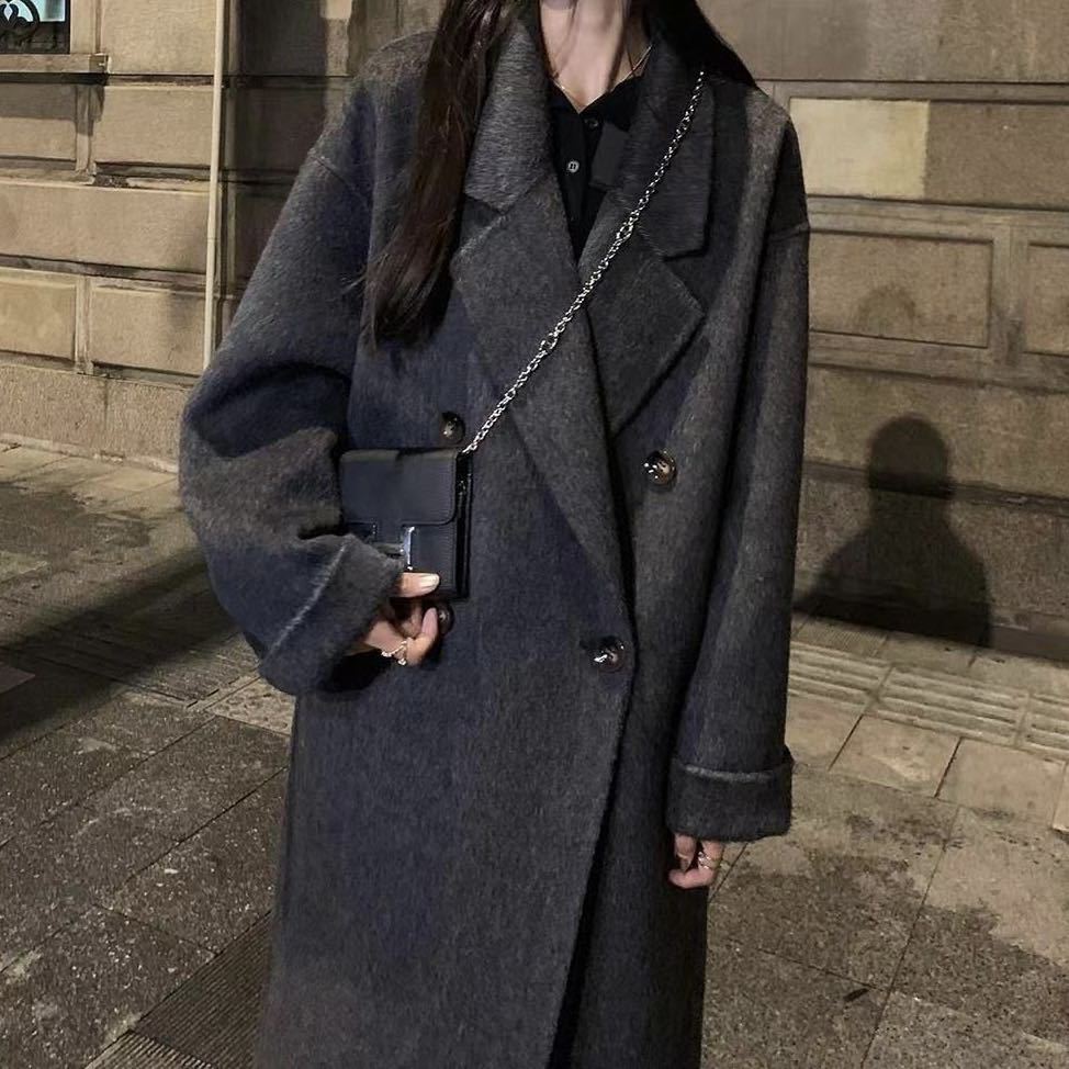 黑灰色双面羊绒大衣女2025秋冬新款中长款高级感羊毛呢子韩系外套