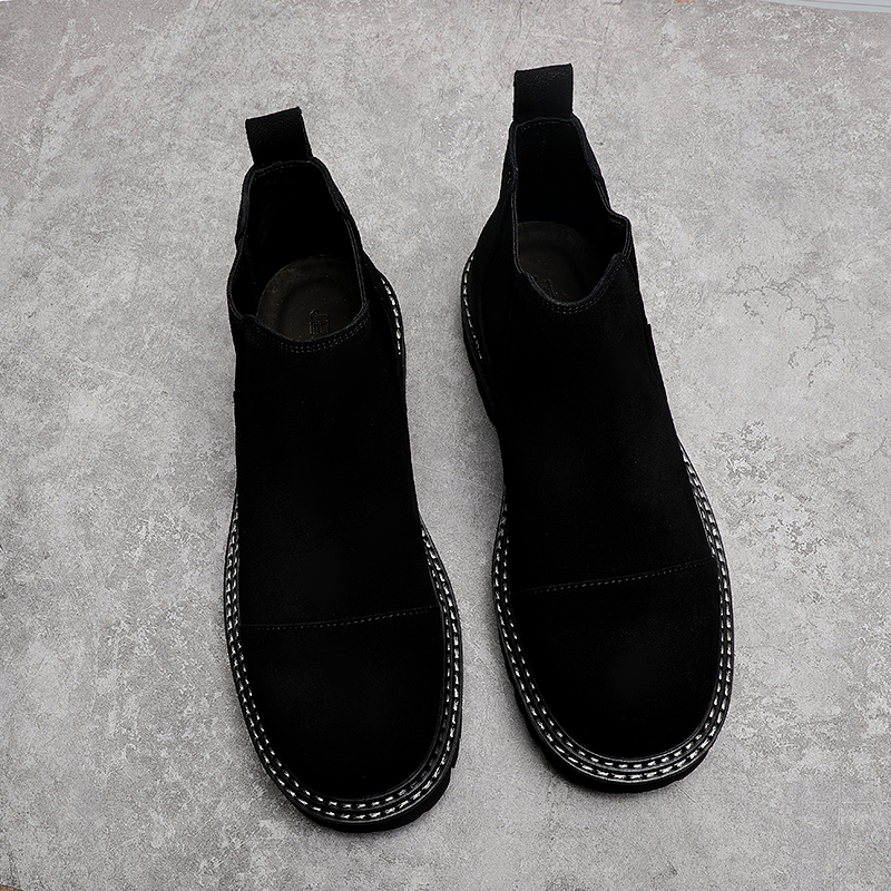 反绒皮切尔西靴男秋冬厚底圆头磨砂皮男鞋中帮皮靴冬季素面马丁靴