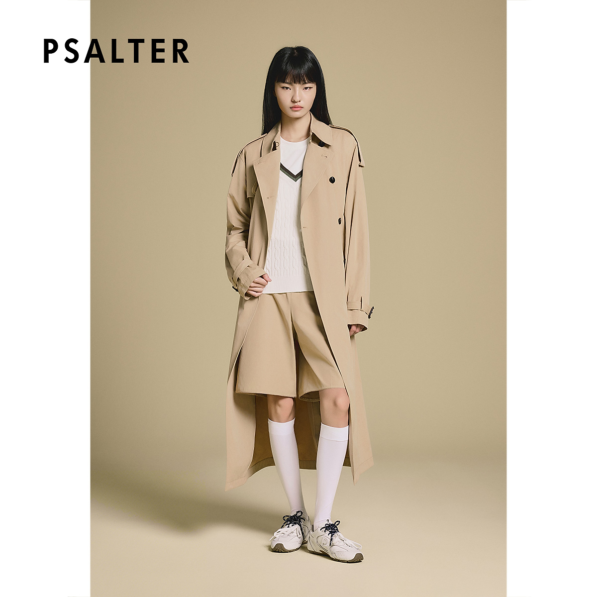 PSALTER诗篇复古经典双排扣翻领系带长款风衣外套2025冬季新款