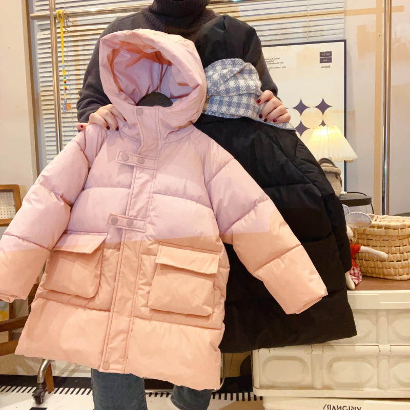 女童棉服中长款加厚保暖连帽女孩秋冬季外套纯色洋气棉袄EMF211