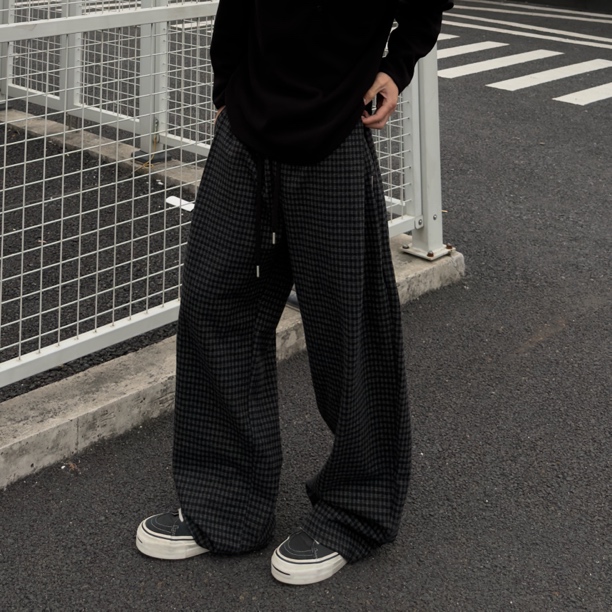 加绒格子休闲裤美式宽松褶皱男士卫裤阔腿裤直筒裤中腰