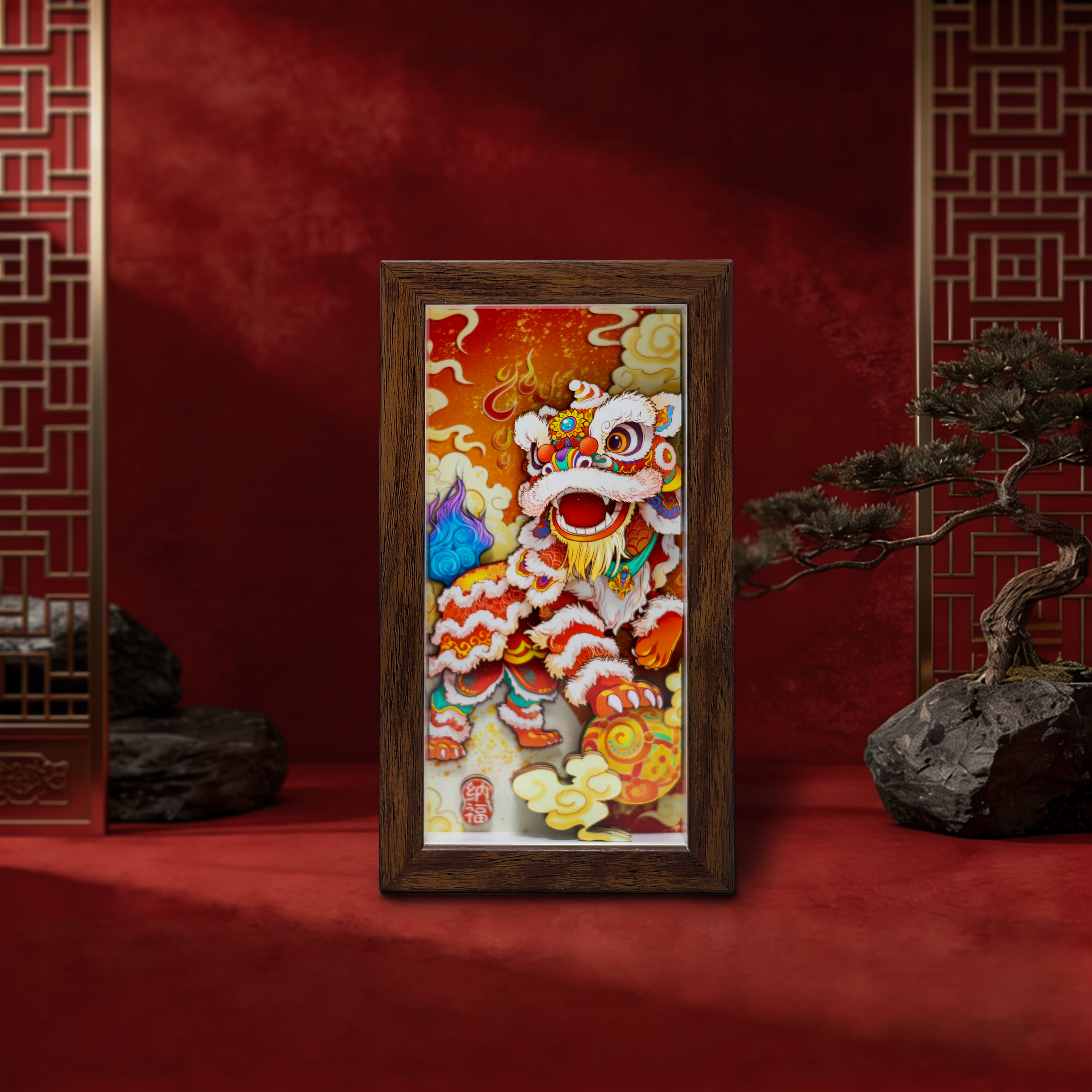 红蓝醒狮剪纸立体桌面摆台画中式国潮文创装饰画