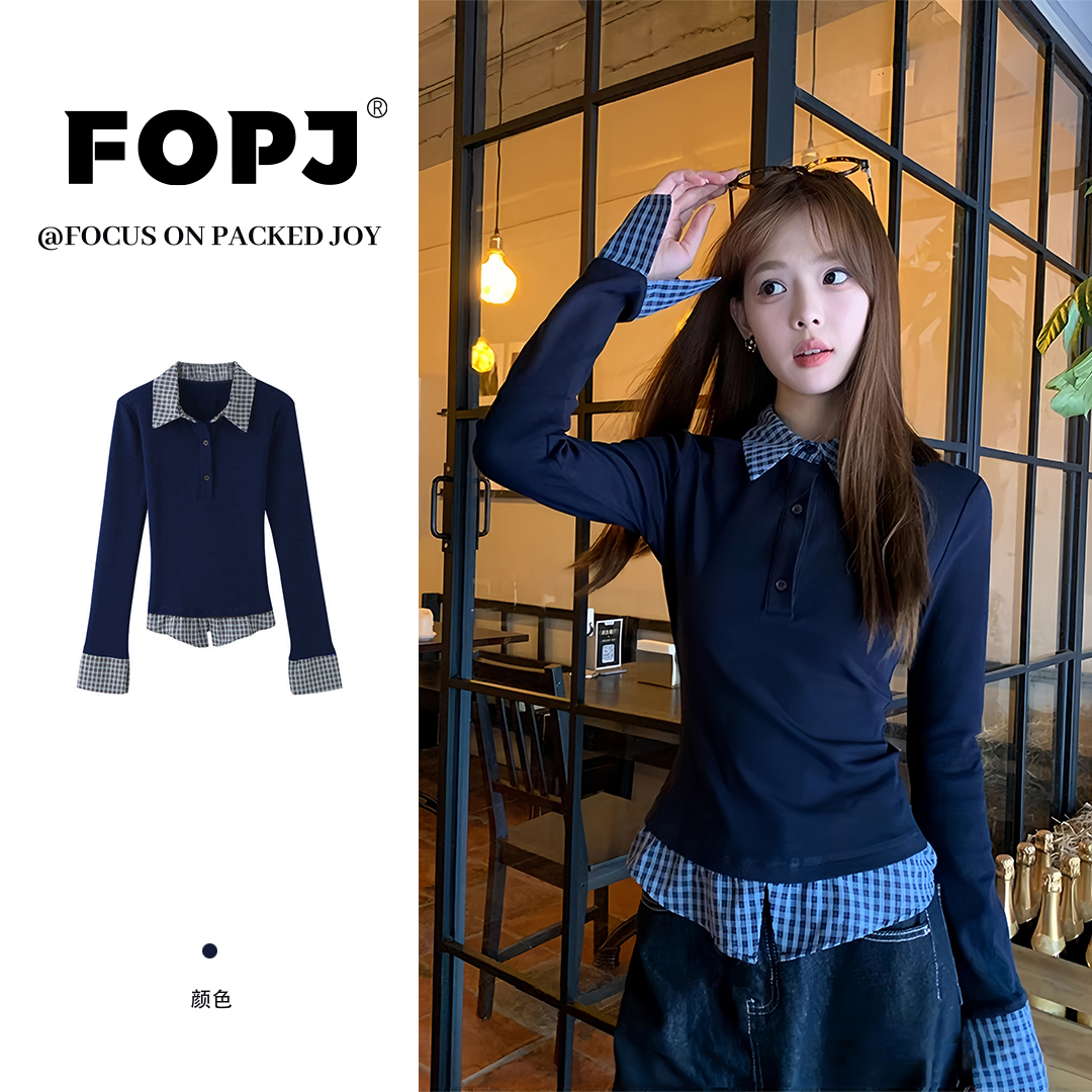 FOPJ韩版设计感POLO领假两件长袖女士春秋休闲百搭修身显瘦打底衫