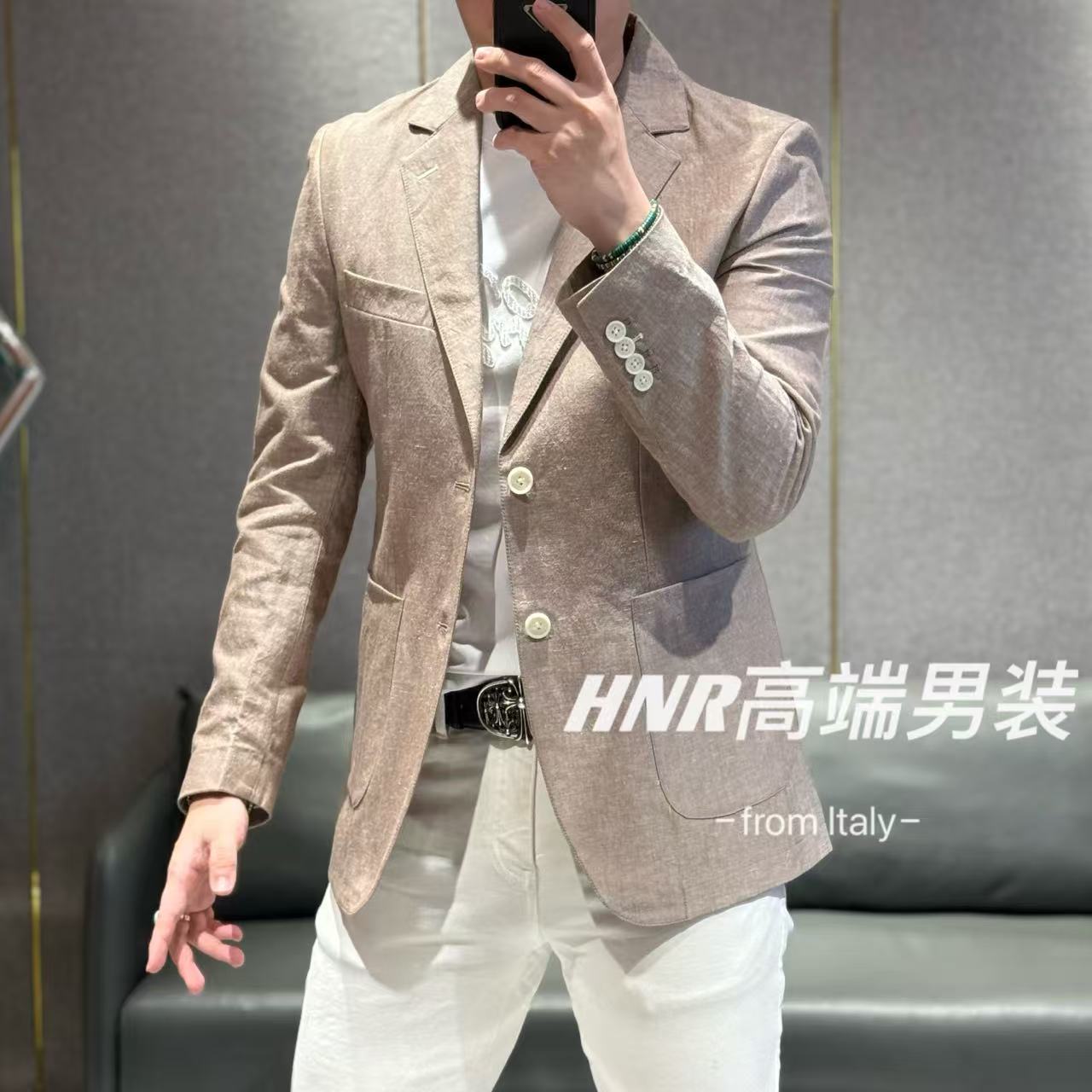 复古老钱风亚麻长绒棉混纺立体修身裁剪手工男士极简小西装061