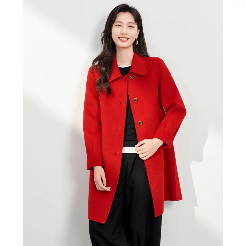 ZW104 娃娃领中长款长款女秋冬毛呢外套时尚双面呢中长款