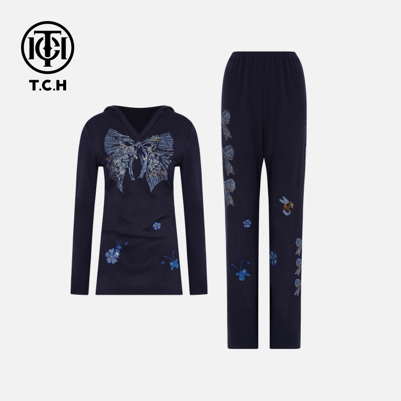 TCH烫钻工艺时尚休闲气质蝴蝶秋款套装女T75C07E1018轻奢tch