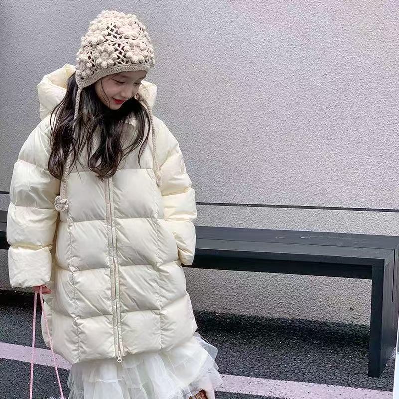【秋雨】【米】童装女童羽绒服长款2025冬季加厚三防面包服