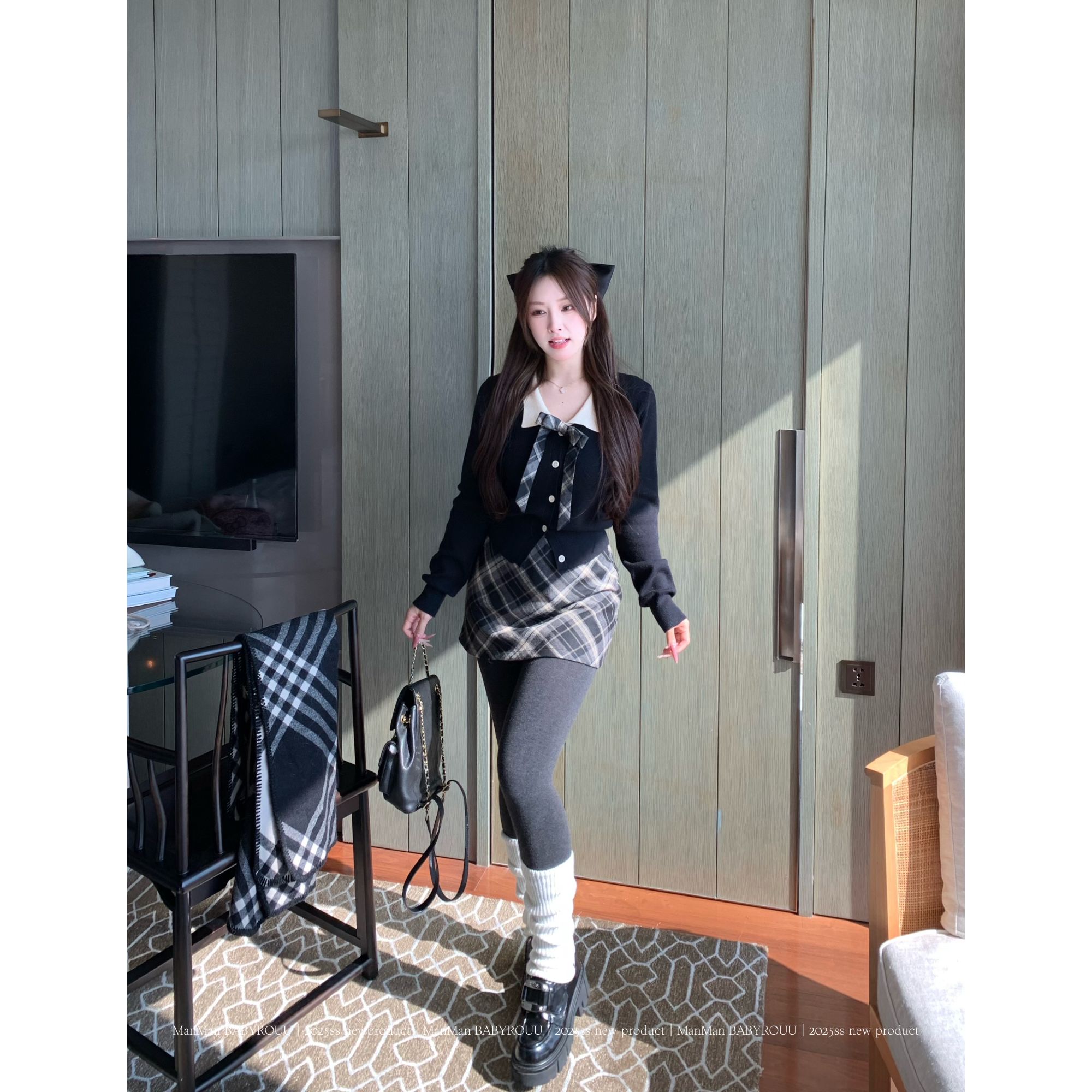 温与柔蔓蔓【韩都艺高】气质复古学院风针织长袖小众格子高腰半裙