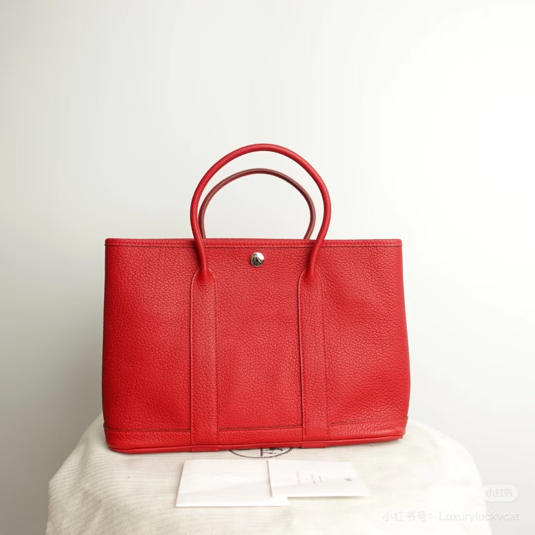 99新 Hermes/爱马仕 花园30红色银tc皮T单肩包9425021