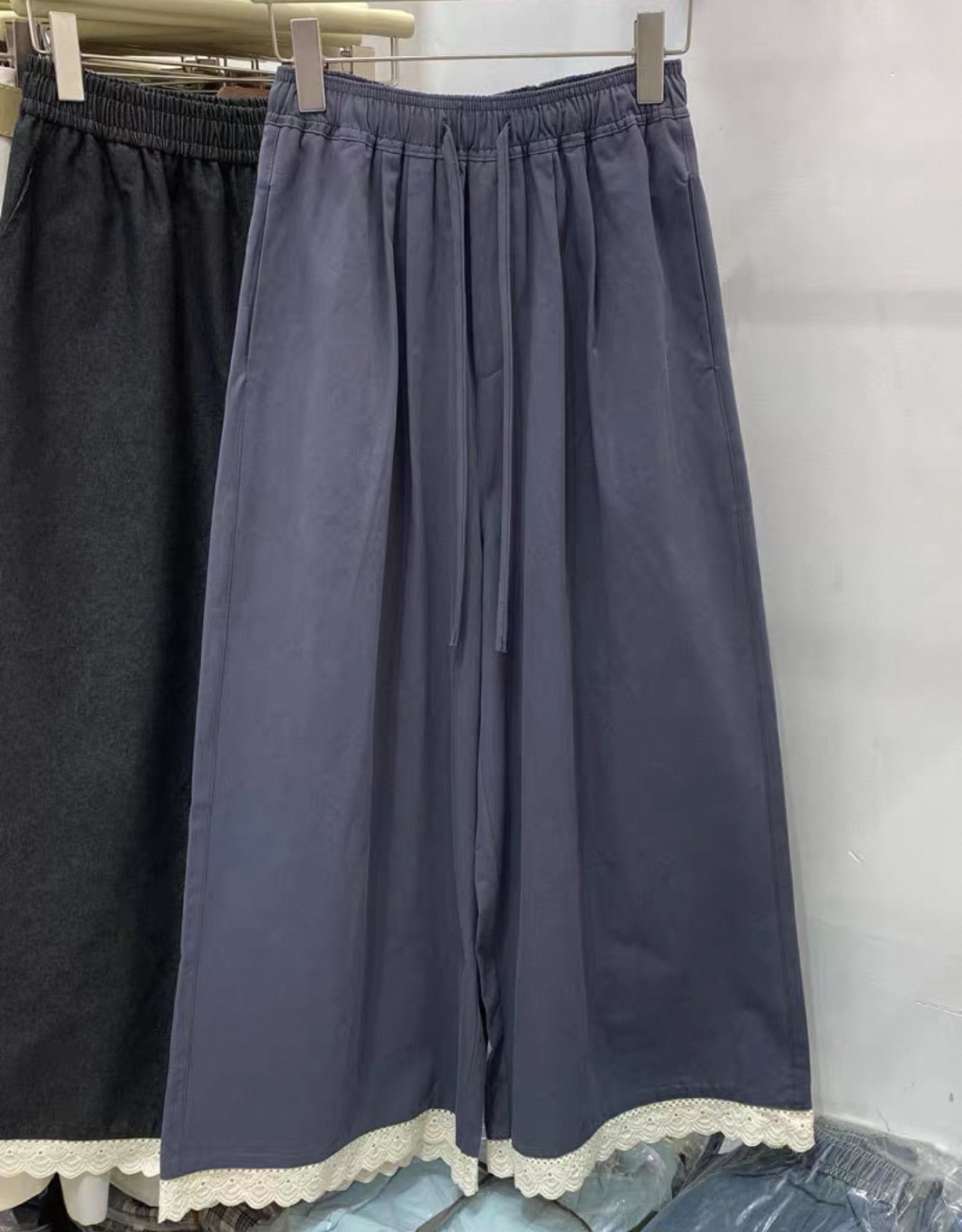 韩系春夏新款小众设计感蕾丝拼接花边直筒九分阔腿裤