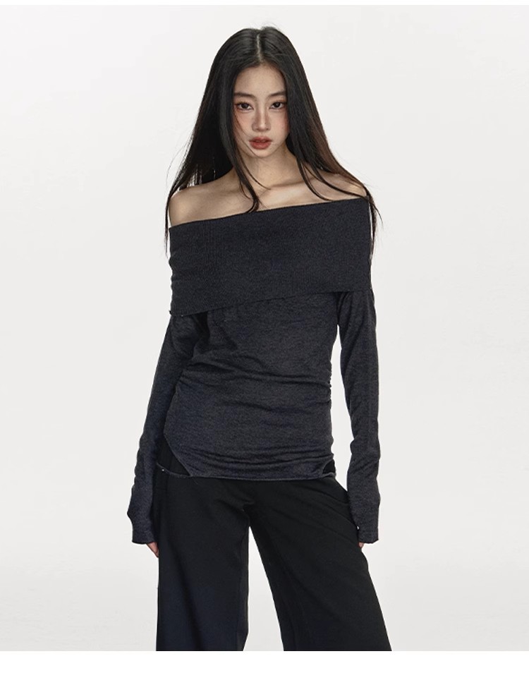 anna aneae设计感一字肩上衣女春秋正倒两穿长袖t恤女吊带背心潮
