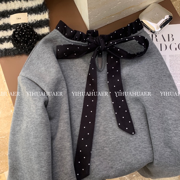 BHH-9961东大门韩国原单韩系波点花边立体蝴蝶结纯色百搭卫衣