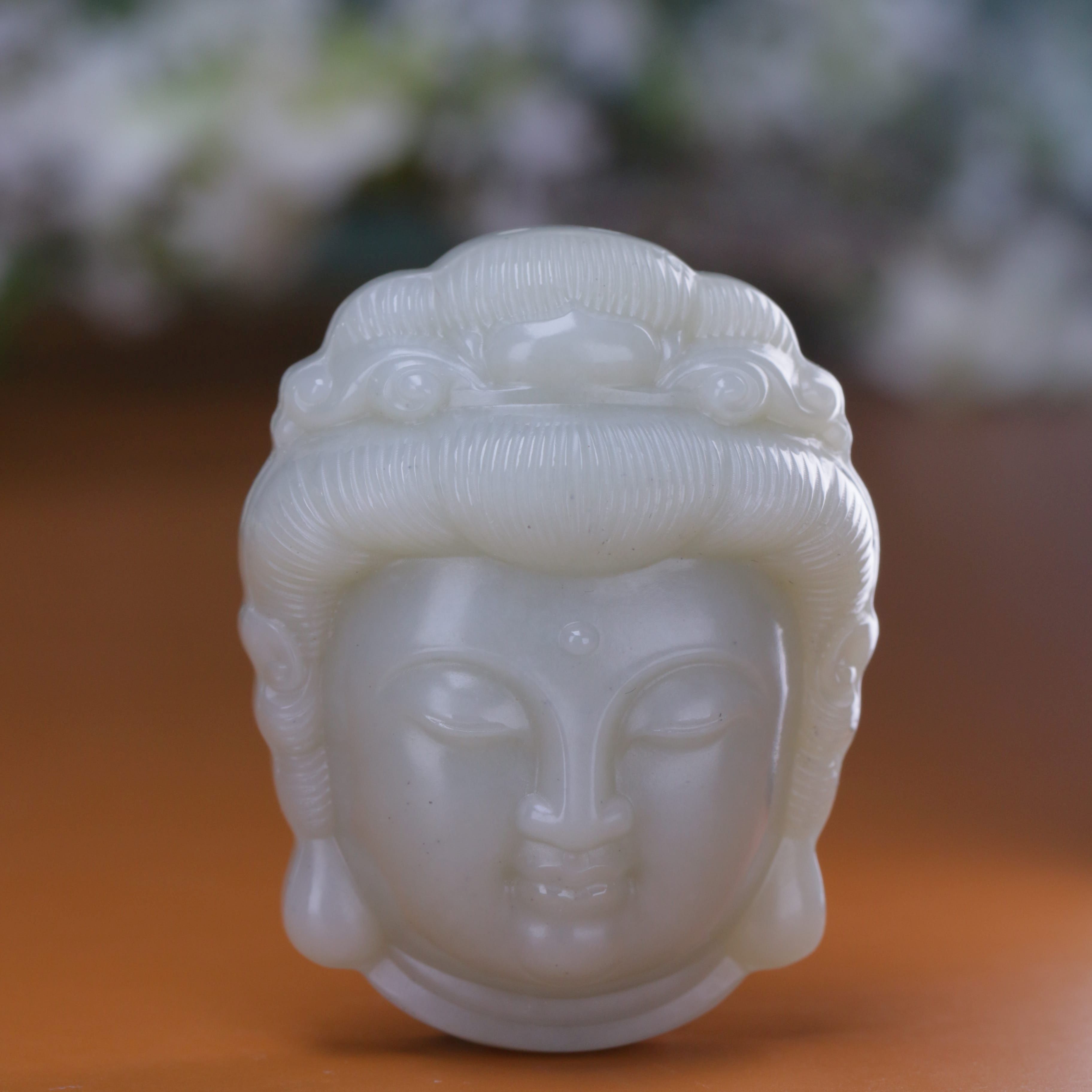 【冠玉珠宝】和田玉且莫蓝观音首吊坠（配绳）